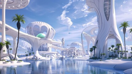 A futuristic city with white buildings, palm trees and a blue sky.