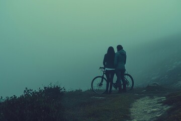 senior couple cycling in the evening sunset, in the style of synthetism-inspired,