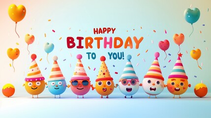 Colorful emoji characters wearing party hats, with balloons and confetti. Text reads 'HAPPY HAPPY BIRTHDAY TO YOU!' in vibrant letters against a light blue background.