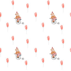 Circus pattern watercolor. Seamless illustration of a circus performance on an isolated white background. With a bear on a bicycle with a red balloon. Vintage pattern for children's textiles and