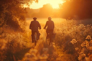senior couple cycling in the evening sunset, in the style of synthetism-inspired,