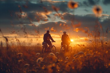 senior couple cycling in the evening sunset, in the style of synthetism-inspired,