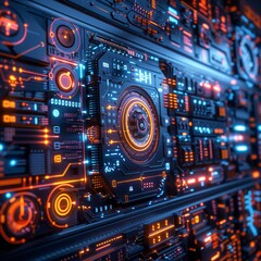 Obraz premium Futuristic Cyberpunk Digital Board with Multicolor High-Tech Elements