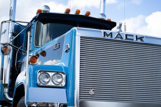 Mack Super-Liner truck. American heavy-duty vehicle for transporting cargo and freight. Front grille view with company logo sign, auto badge or emblem logotype on June 22, 2024 in Katowice, Poland.