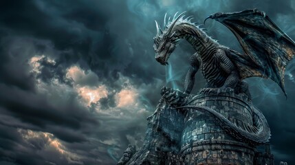 Fototapeta premium A majestic silver dragon with outstretched wings stands on a stone platform, silhouetted against a stormy sky.