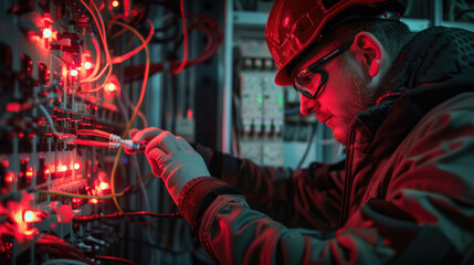An electrician working on an electrical panel, seen from behind with the full cabinet open and various wires connected to lamps and transacted lights
