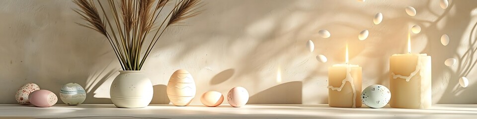 Fototapeta premium Easter decor on a beige background, featuring pampas grass in a vase and candles, perfect for spring.