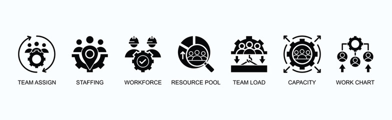 Workforce Allocation Banner Web Icon Vector Illustration Concept With Team Assign, Staffing, Workforce, Resource Pool, Team Load, Capacity, Work Chart