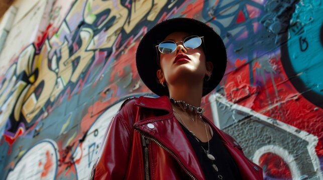 A stylish woman in a red leather jacket and sunglasses poses against a graffiti wall.