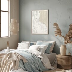 A cozy bedroom with a neatly made bed adorned with light blue and beige pillows and blankets. 