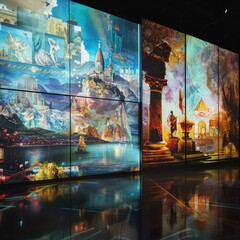 A surreal digital artwork depicting a majestic ocean wave and dramatic clouds inside a grand, ornate room with reflective floors.