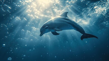 Obraz premium A stunning underwater shot of a dolphin swimming gracefully with sunlight streaming through the ocean waves, creating a serene and magical atmosphere.