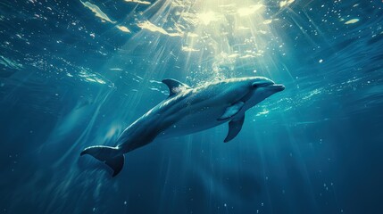 Fototapeta premium A stunning underwater photograph capturing a dolphin swimming gracefully with sunlight streaming through the water.