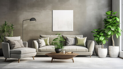 Interior of modern living room with plants in pots and grey grunge wall., generative ai
