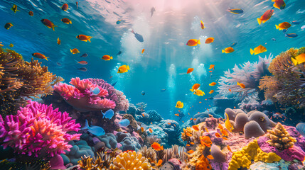 Taking a scuba dive in crystal clear tropical waters, exploring vibrant coral reefs and marine life, with colorful fish swimming around,