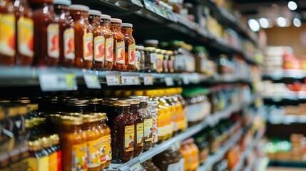 Variety of Sauces on Supermarket Shelf