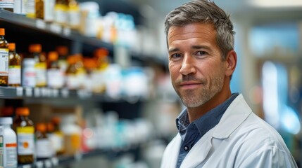 Obraz premium A confident male pharmacist in a white coat standing in a pharmacy with shelves of medicine bottles in the background.