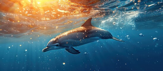Obraz premium Captivating image of a dolphin gracefully swimming underwater, illuminated by sunlight filtering through the ocean surface.