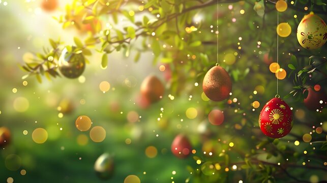 happy Easter background with text space in the background eggs in the colorful decorative way in the basket with empty space 
gold and silver eggs hung from the leaves 
