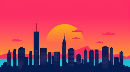 Capture the essence of happiness with a vibrant cityscape at sunset, bustling with joyful activity. Illustration, Image, , Minimalism,