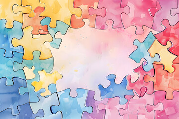 Cute cartoon jigsaw frame border on background in watercolor style.
