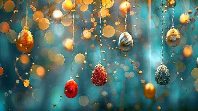 happy Easter background with text space in the background eggs in the colorful decorative way in the basket with empty space 
gold and silver eggs hung from the leaves 
