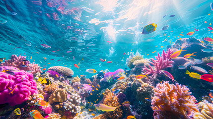 Taking a scuba dive in crystal clear tropical waters, exploring vibrant coral reefs and marine life, with colorful fish swimming around,