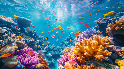 Fototapeta premium Taking a scuba dive in crystal clear tropical waters, exploring vibrant coral reefs and marine life, with colorful fish swimming around,