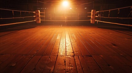 Intense competition awaits: 3D rendering of empty boxing ring with wooden floor and spotlight focus.