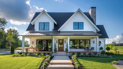Fototapeta premium A charming modern farmhouse with a beautifully crafted gabled roof, complete with dormer windows, and an inviting front porch, set in a quaint rural village.