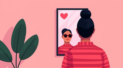 Symbolize self-love with a person looking into a mirror and smiling, embracing their own reflection. Illustration, Image, , Minimalism,
