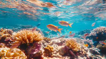 Taking a scuba dive in crystal clear tropical waters, exploring vibrant coral reefs and marine life, with colorful fish swimming around,