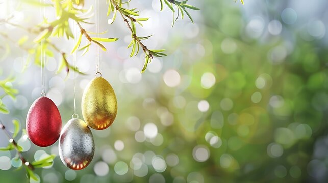 happy Easter background with text space in the background eggs in the colorful decorative way in the basket with empty space 
gold and silver eggs hung from the leaves 
