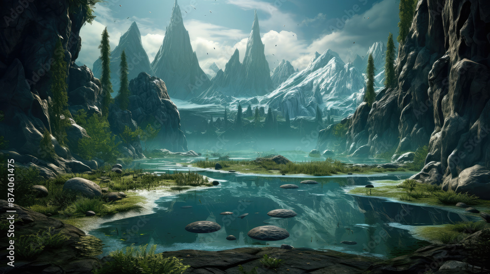 Canvas Prints fantasy alien planet. mountain and forest., generative ai