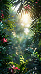 Tropical Palm leaves and flowers with sun light. Summer exotic trendy frame background with place for text	
