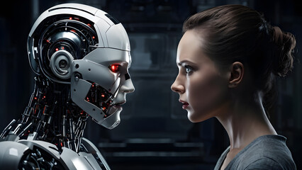 Fototapeta premium Human vs Robot confrontation of Humanity and Artificial Intelligence