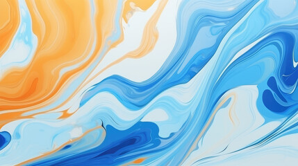 Fototapeta premium Abstract background of acrylic paint in blue and orange tones. Liquid marble pattern., generative ai