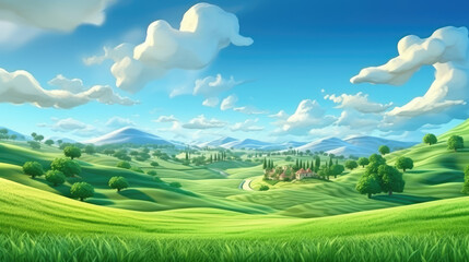 Obraz premium Landscape with green hills and blue sky. 3d illustration., generative ai