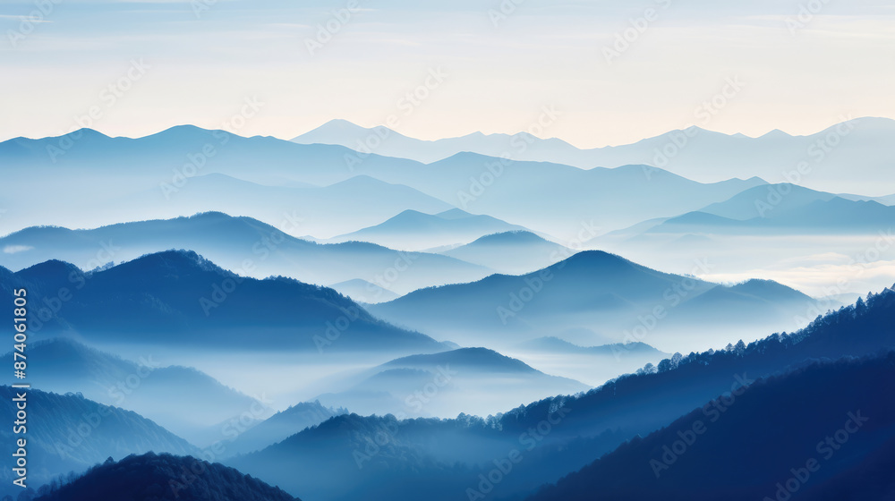 Canvas Prints mountain range with visible silhouettes through the morning fog., generative ai