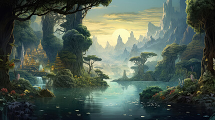 Microscopic Forest with a fantasy island ,river, pond and sky like a city, generative ai
