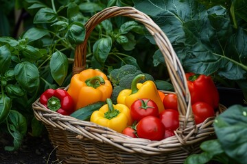 Colorful bell peppers, tomatoes, and broccoli in a basket amidst greenery