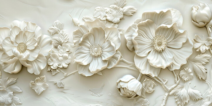 3D relief flowers wallpaper with intricate details and elegant design in off white color and Mural wallpaper.