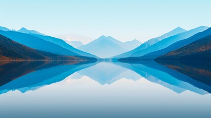 Symbolize equanimity with a serene lake reflecting a cloudless sky, conveying a sense of balance and tranquility. Illustration, Image, , Minimalism,