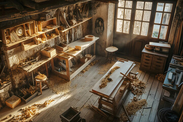 Top down view of a traditional Italian woodworking workshop bathed in golden light, featuring workbenches, tools, and wood shavings