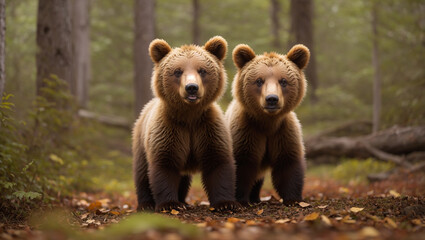 Obraz premium The image shows two brown bears standing in a forest. They are facing the camera and looking at the viewer.