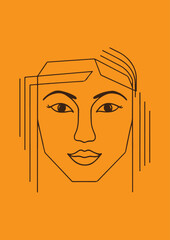 Woman face line art vector illustration for design and web isolated on orange background