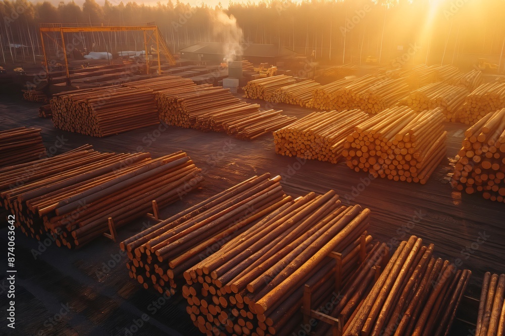 Poster sunset illuminating a large lumber yard with stacks of logs, creating a warm and inviting atmosphere
