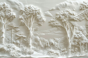 3D relief forest wallpaper with intricate details and elegant design in off white color and Mural wallpaper.