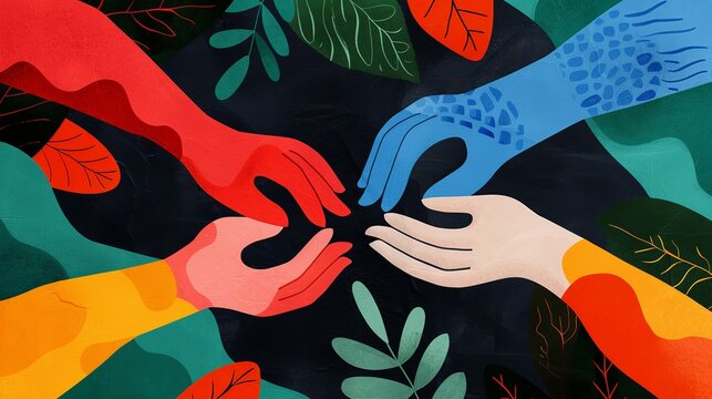 Capture connection with a network of intertwined hands, symbolizing unity and cooperation. Illustration, Image, , Minimalism,