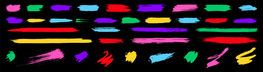 Kids brush line collection. Bright vector childish brushstrokes on black bg. Scribble shape elements for graphic design. Funky cool abstract shapes, underlines, isolated streaks, stripes, dabs,  daubs